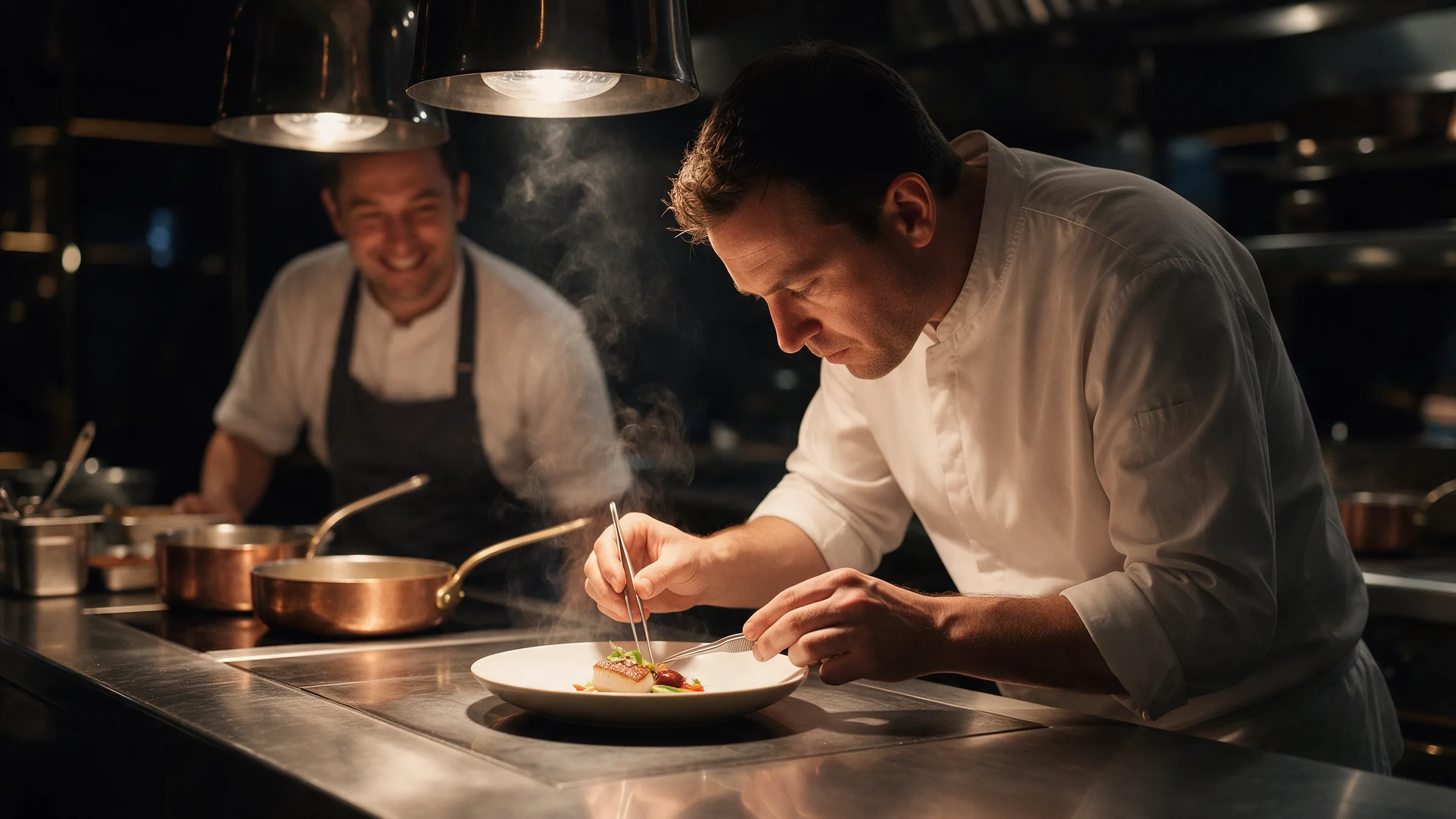 Chef finaliza um prato com pinça sob a luz do passe, em cozinha profissional