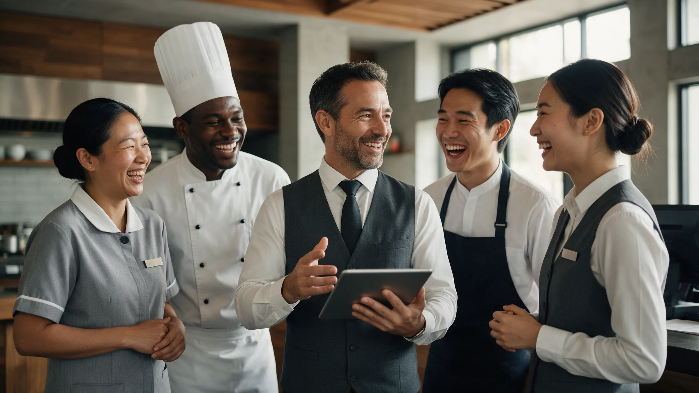 Equipe do hotel sorri durante o briefing da manhã com o gerente e um tablet