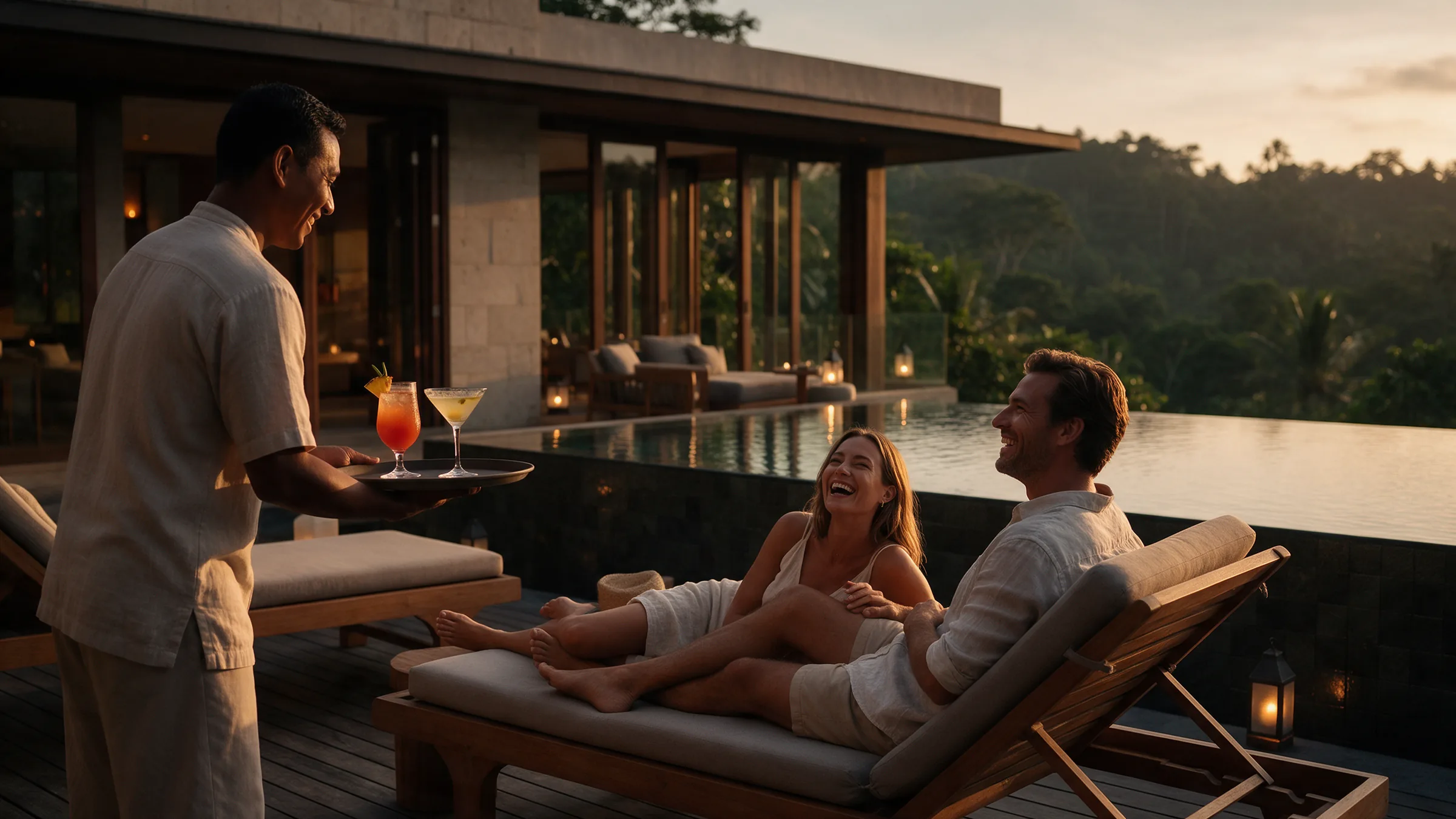 Garçom serve drinques a um casal sorridente à beira de uma piscina de borda infinita ao entardecer