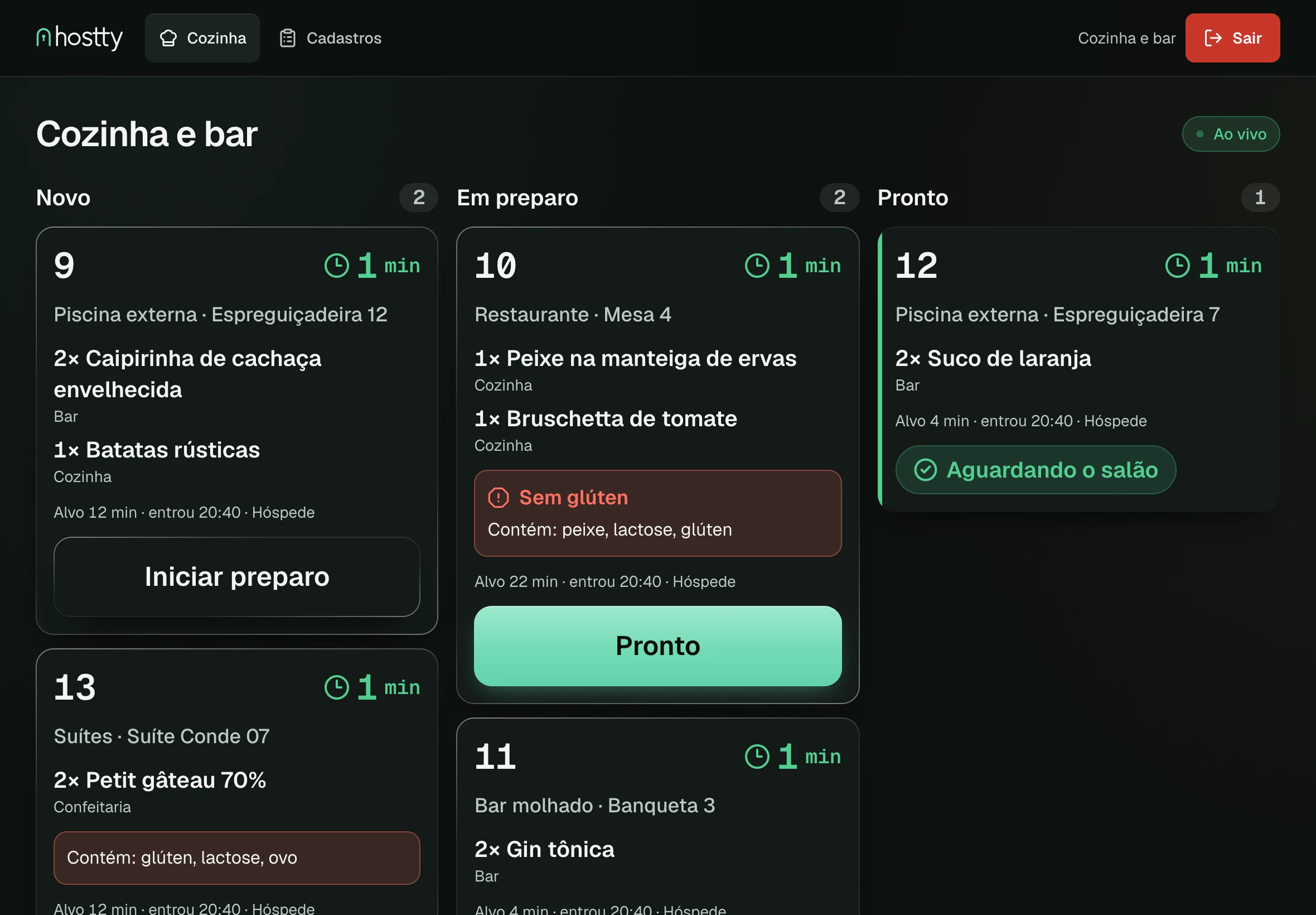 KDS da cozinha no Hostty: pedidos novos, em preparo e prontos com cronômetro