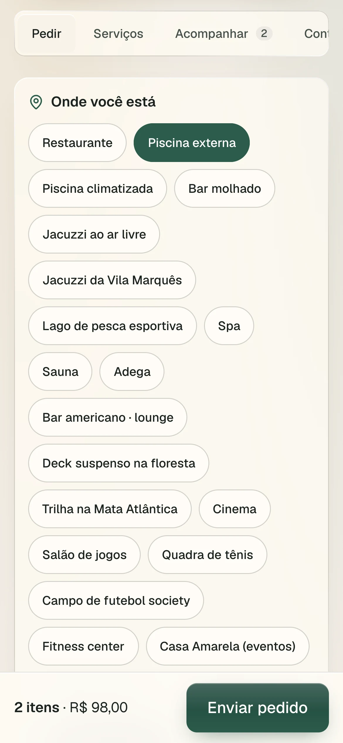 App do hóspede no Hostty: escolha do local e pedido à beira da piscina