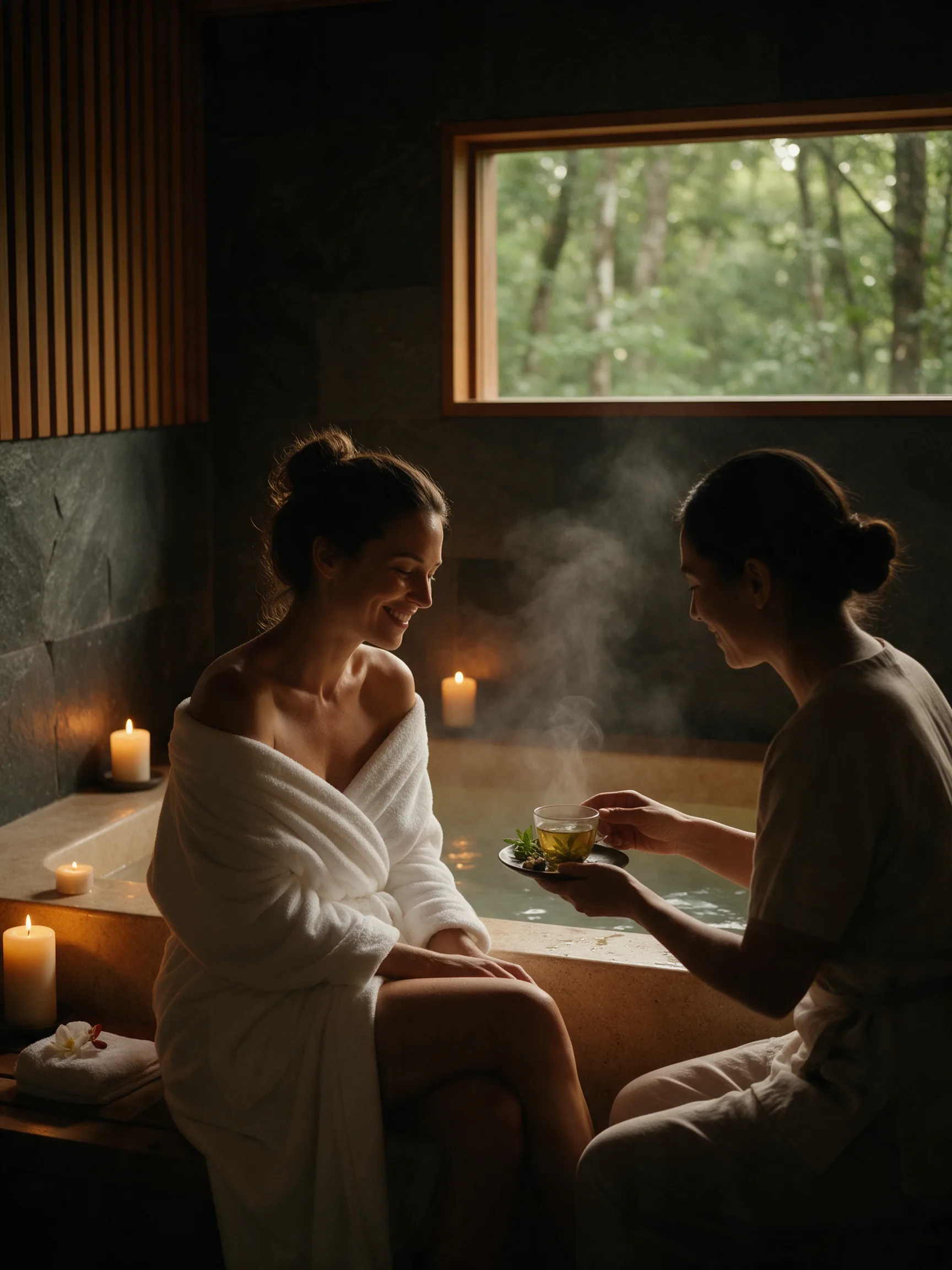 Hóspede relaxa no spa enquanto a terapeuta oferece um chá